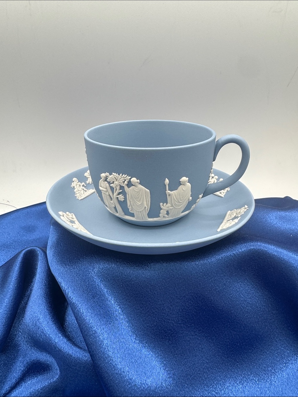 Wedgwood Blue Jasperware Teacup and Saucer with White Relief #4.
